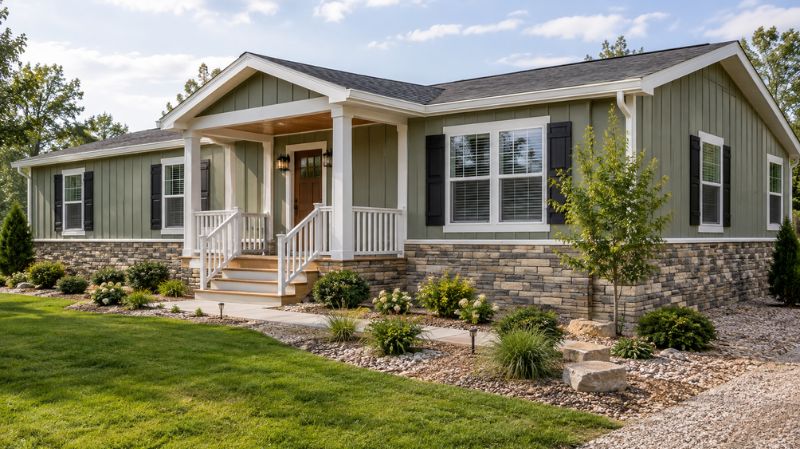 Manufactured home with faux stone skirting and neutral siding