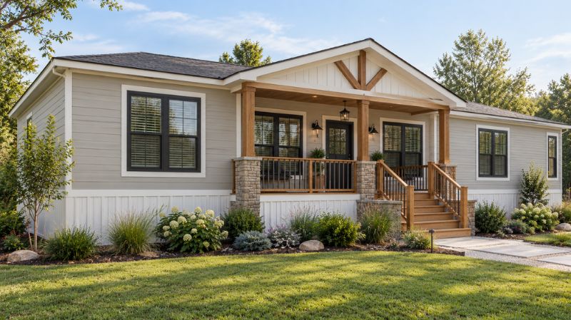 Farmhouse-style manufactured home with white skirting and natural wood accents