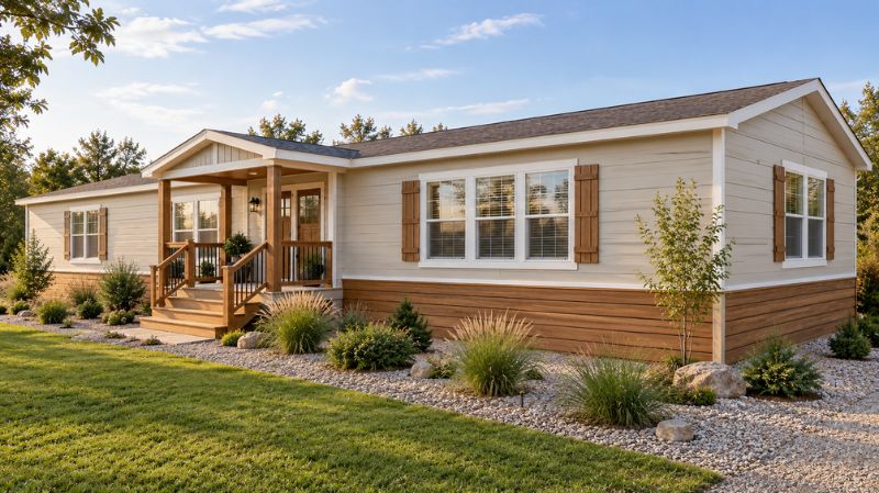 Manufactured home with horizontal wood slat skirting