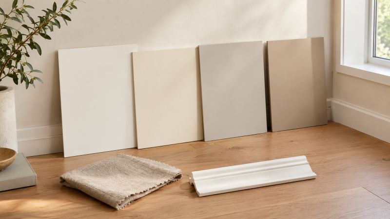 Warm neutral paint samples compared with oak flooring and beige upholstery in natural light