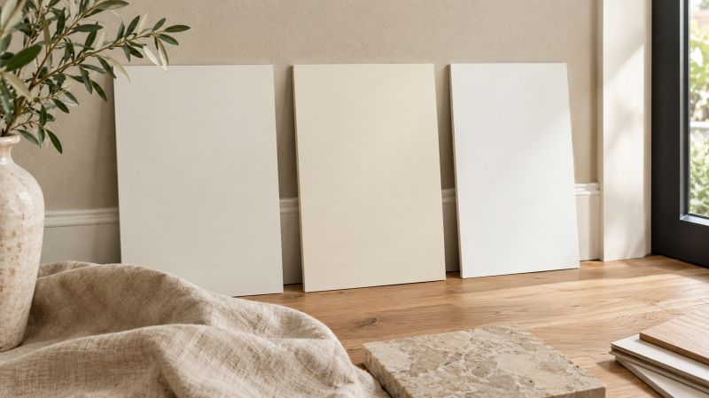 Warm white paint samples compared with oak flooring and neutral fabric in daylight