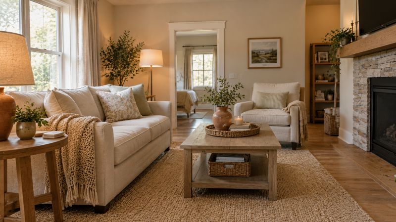 Budget-friendly earthy living room decor with neutral textiles, a wood side table, and terracotta accessories