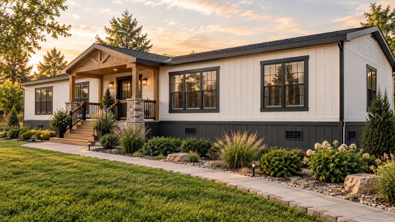 Upscale manufactured home with charcoal skirting and warm white siding