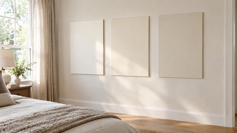 White paint sample boards on a bedroom wall beside a window