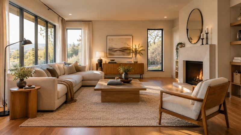 Warm minimalist living room AI makeover concept