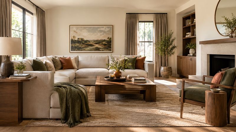 Warm neutral living room balancing cream walls, beige upholstery, walnut furniture, and olive accents