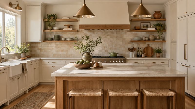 Warm white kitchen cabinets with oak shelves, beige stone surfaces, and earthy accents