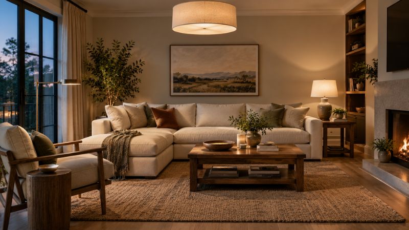 Living room with layered ceiling, floor, and table lighting around a neutral sofa