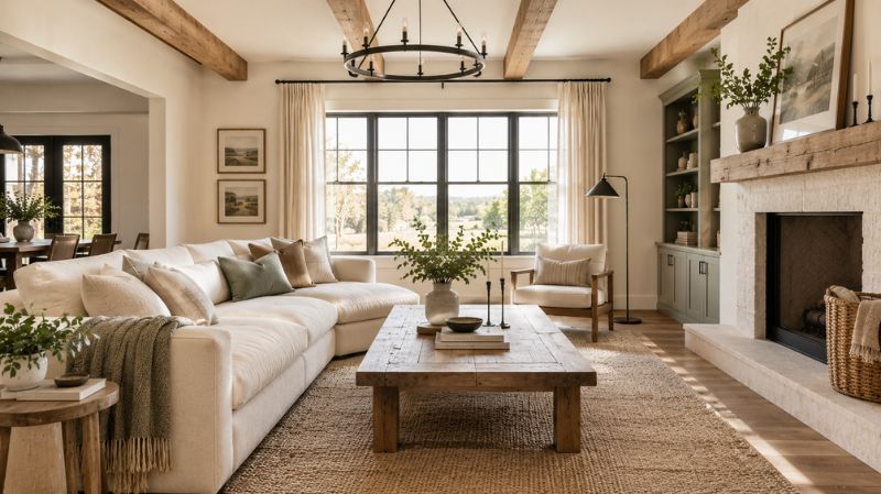 Modern farmhouse living room with warm white walls, natural wood, and neutral upholstery