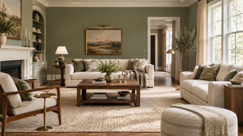 Living room with sage green walls, cream upholstery, and warm wood furniture