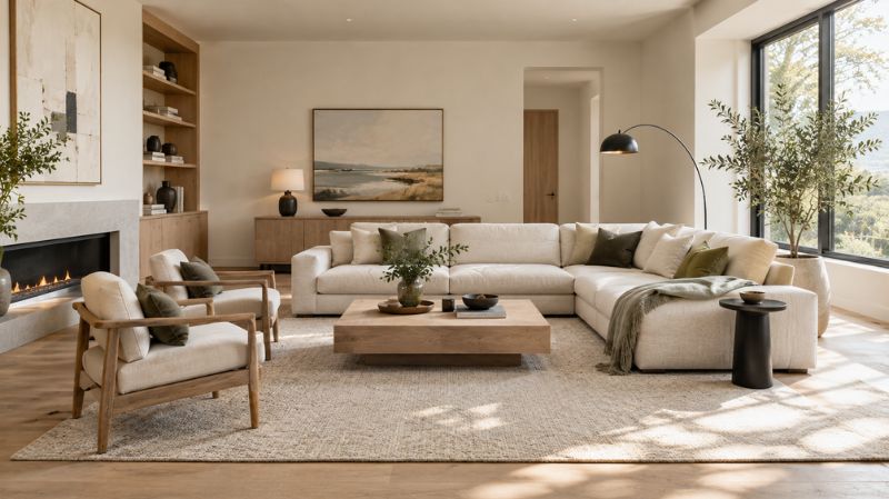 Modern living room with clean-lined furniture, warm white walls, and oak accents