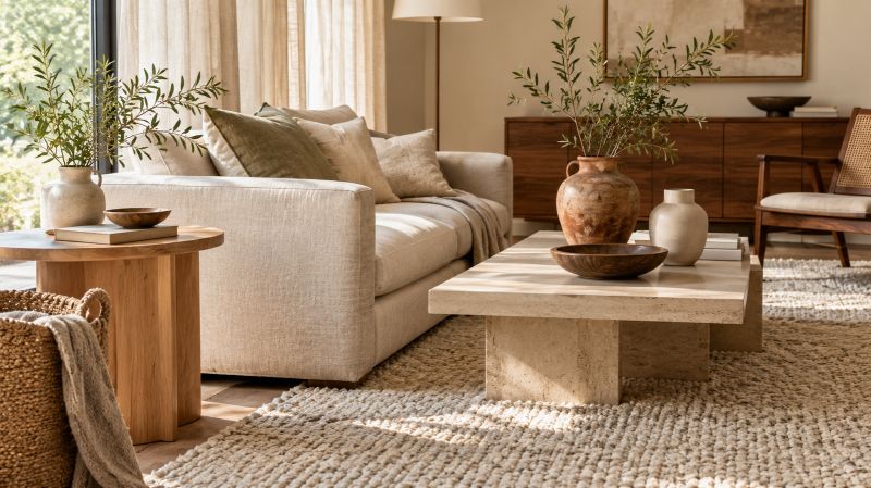 Natural wood, linen, wool, jute, stone, and ceramic textures in an earthy interior