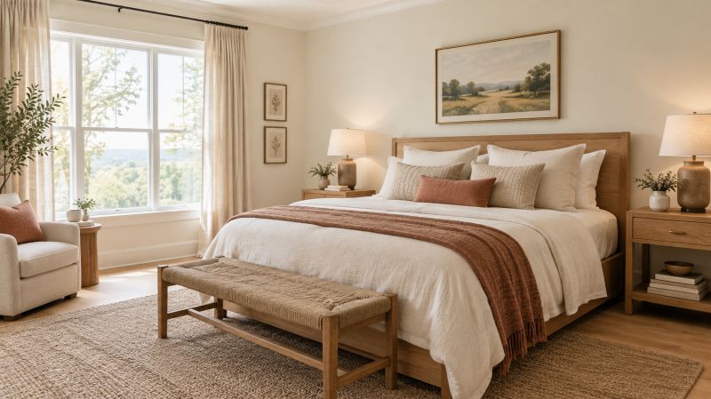 Cozy bedroom with soft warm white walls and natural linen bedding
