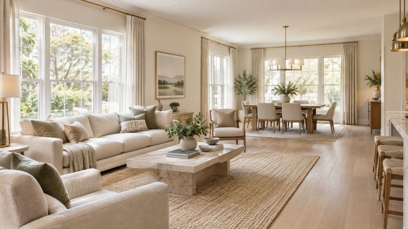 Bright open-plan interior with white walls, oak flooring, and neutral furnishings