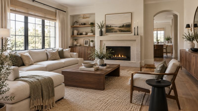 Warm greige-white walls with walnut furniture and beige living room textiles