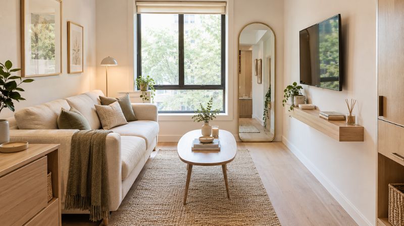 Small living room with compact furniture, pale walls, and a large mirror