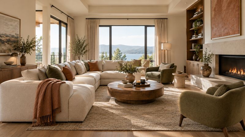Earthy living room combining cream, sand, terracotta, olive green, and walnut