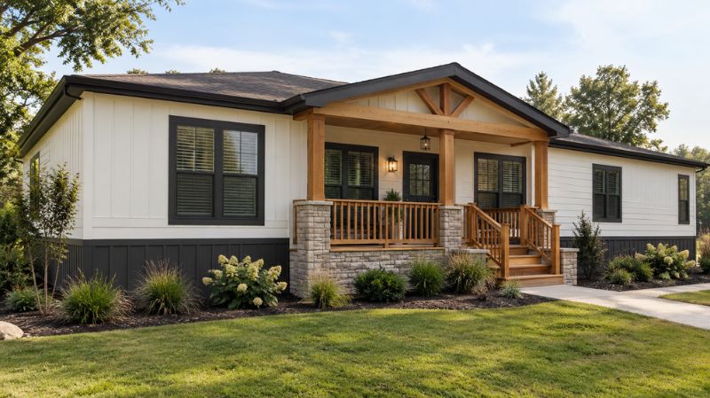 Two-tone manufactured home skirting with stone and charcoal panels