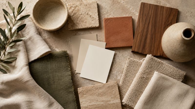 Warm earthy color palette featuring cream, beige, terracotta, olive green, and walnut brown
