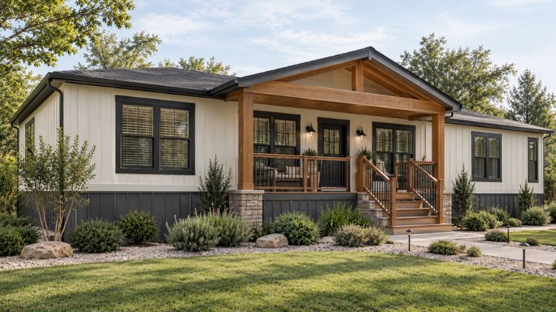 Manufactured home with coordinated siding and skirting colors