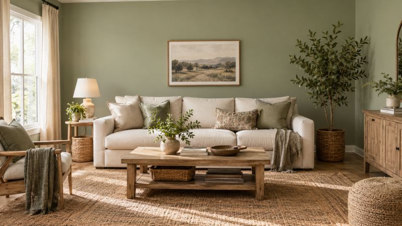 Sage green living room with light oak furniture, cream seating, and indoor plants
