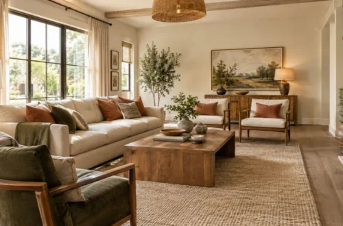 Warm neutral living room with beige furniture, natural wood, and earthy accents