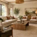 Warm neutral living room with beige furniture, natural wood, and earthy accents
