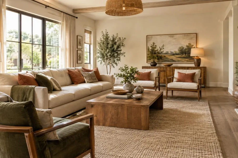 Warm neutral living room with beige furniture, natural wood, and earthy accents