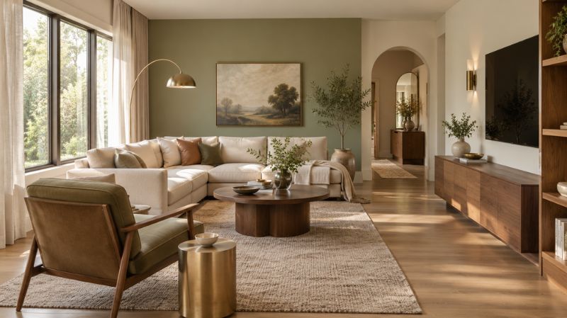 AI room design with warm white and sage green color palette